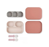 [COMBO] Khay ăn dặm Dono & Dono ngăn màu pink & Bộ muỗng nĩa Silicone Bạch kim Modui Bluemama màu soft pink