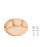 [COMBO] Khay ăn dặm oval chia 4 ngăn màu peach & Bộ muỗng nĩa Silicone Bạch kim Modui Bluemama màu butter