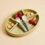 Combo khay chia ngăn đế hít màu green bean & Bộ muỗng nĩa Modu'i, màu green lily