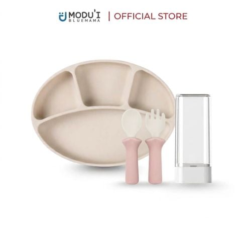 Combo khay chia ngăn đế hít màu cream & Bộ muỗng nĩa Modu'i, màu soft pink