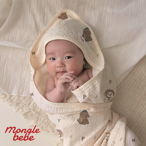 Ủ Choàng Tắm Che Nắng Cotton Muslin Cho Bé Mongle Bebe Hàn Quốc