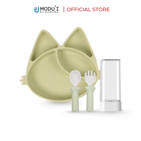Combo khay chia ngăn mèo MOA đế hít & Bộ muỗng nĩa Modu'i, màu green bean
