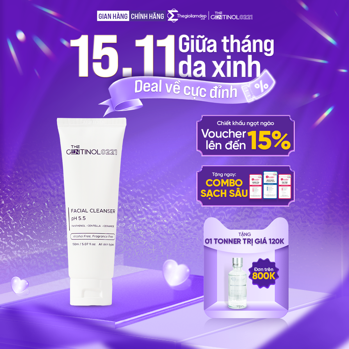 Sữa rửa mặt FACIAL CLEANSER PH5.5 làm sạch da mặt, giúp dưỡng ẩm da, ngăn ngừa mụn The Gentinol 0221 150ml