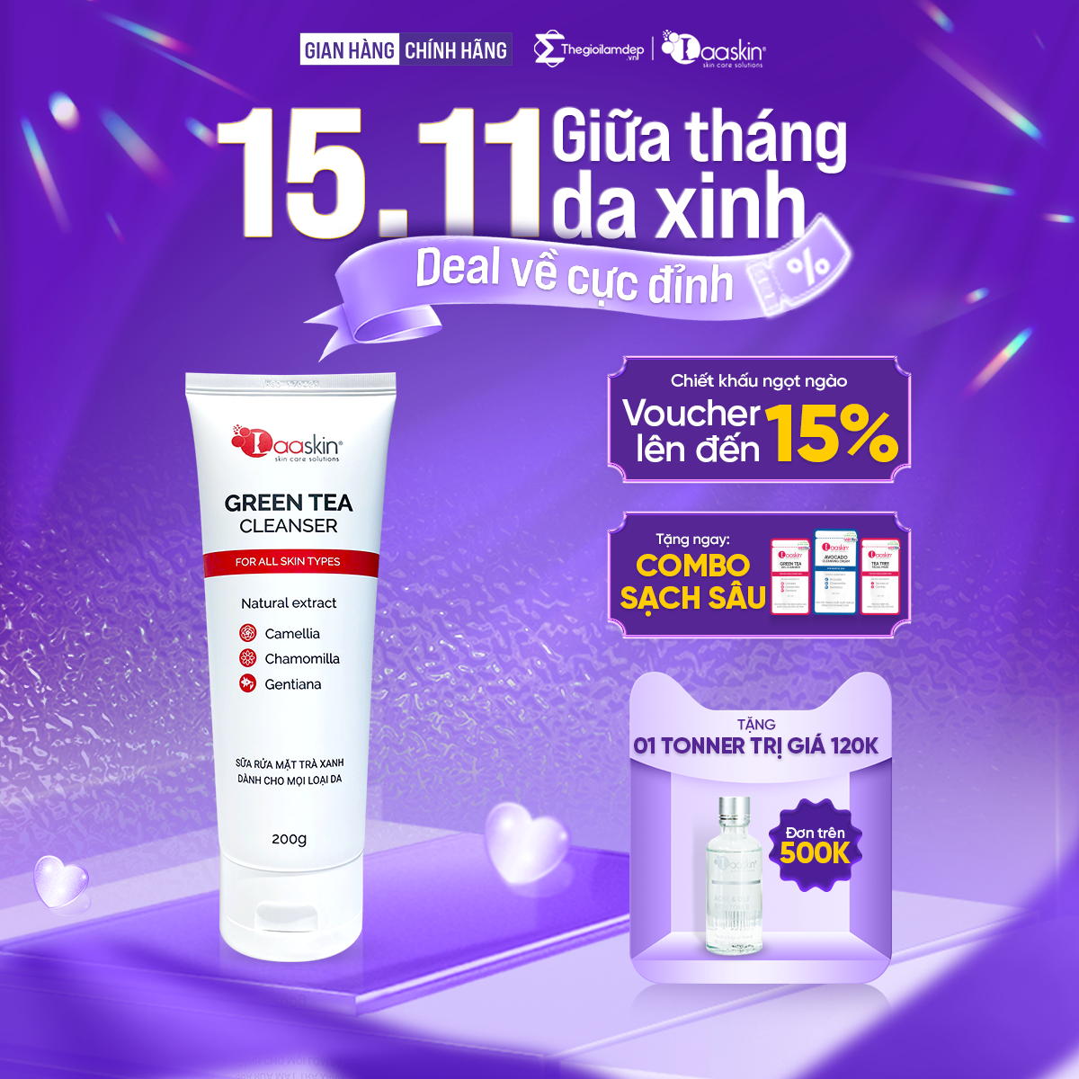 Sữa rửa mặt trà xanh GREEN TEA CLEANSER Laaskin làm sạch và cung cấp độ ẩm cho da 200g