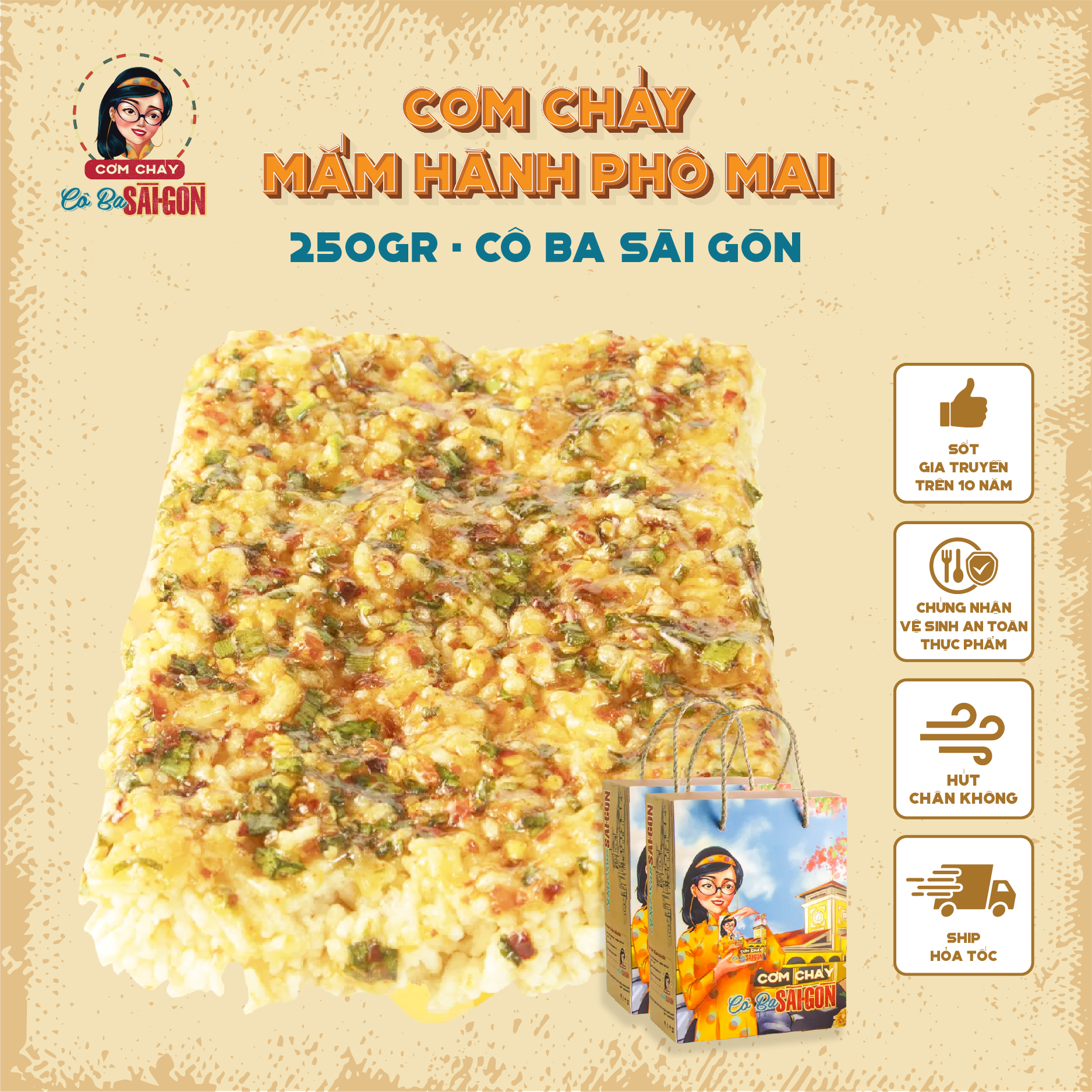 Cơm Cháy Mắm Hành Phô Mai Ép Khuôn Vuông