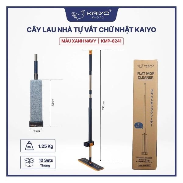  KAIYO- Cây lau nhà tự vắt chữ nhật, màu xanh navy 
