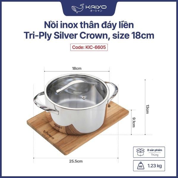  KAIYO- Nồi inox đáy liền SilverCrown size 18cm 