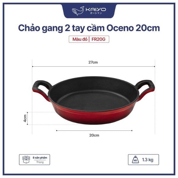 OCENO - Chảo gang 2 tay cầm màu đỏ 24cm 