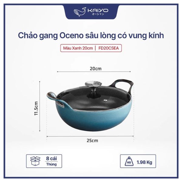  OCENO- Chảo gang sâu lòng có vung màu xanh 20cm 