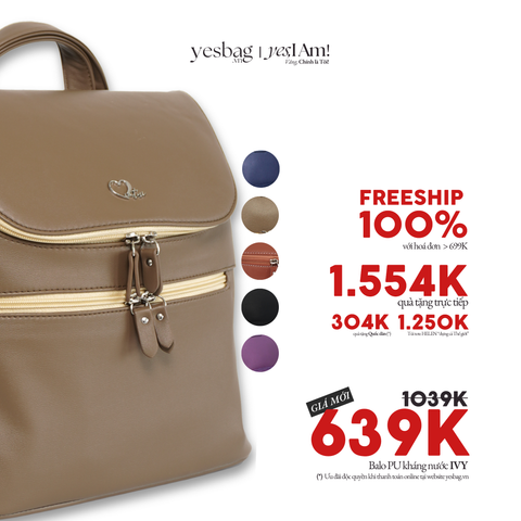 Balo PU kháng nước IVY  (Giảm còn 639K, Tặng tới 1,7Tr+ - áp Mã & chọn Quà tại bước Thanh toán)