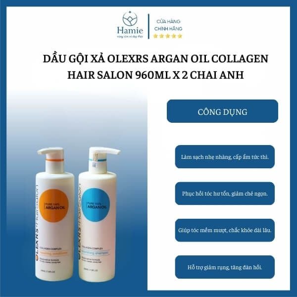 Dầu Gội Xả Olexrs Argan Oil Collagen Hair Salon 960ml x 2 Chai Anh