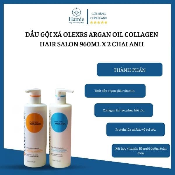 Dầu Gội Xả Olexrs Argan Oil Collagen Hair Salon 960ml x 2 Chai Anh