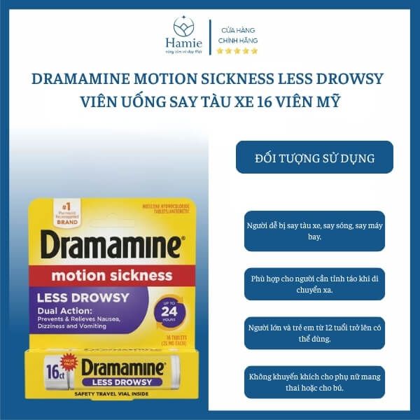 Dramamine Motion Sickness Less Drowsy Viên Uống  Say Tàu Xe 16 Viên Mỹ