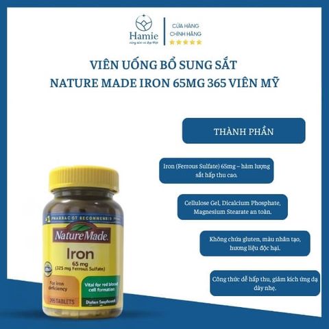 Viên Uống Bổ Sung Sắt Nature Made Iron 65mg 365 Viên Mỹ