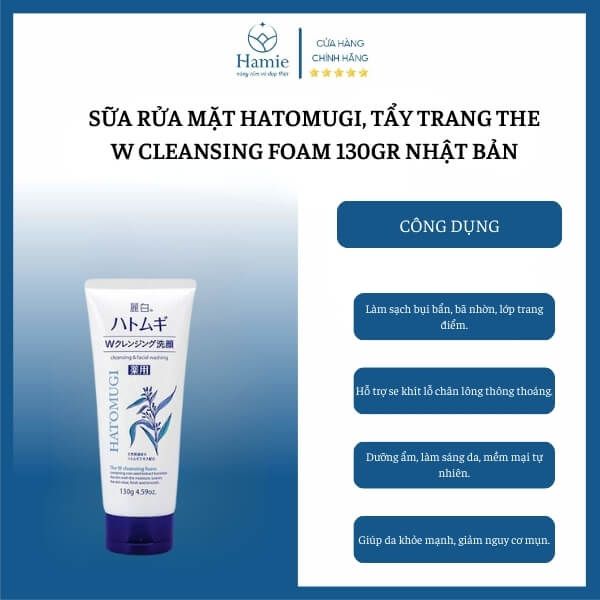 Sữa Rửa Mặt Hatomugi, Tẩy Trang The W Cleansing Foam 130gr Nhật Bản