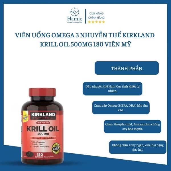 Viên Uống Omega 3 Nhuyễn Thể Kirkland Krill Oil 500mg 180 Viên Mỹ