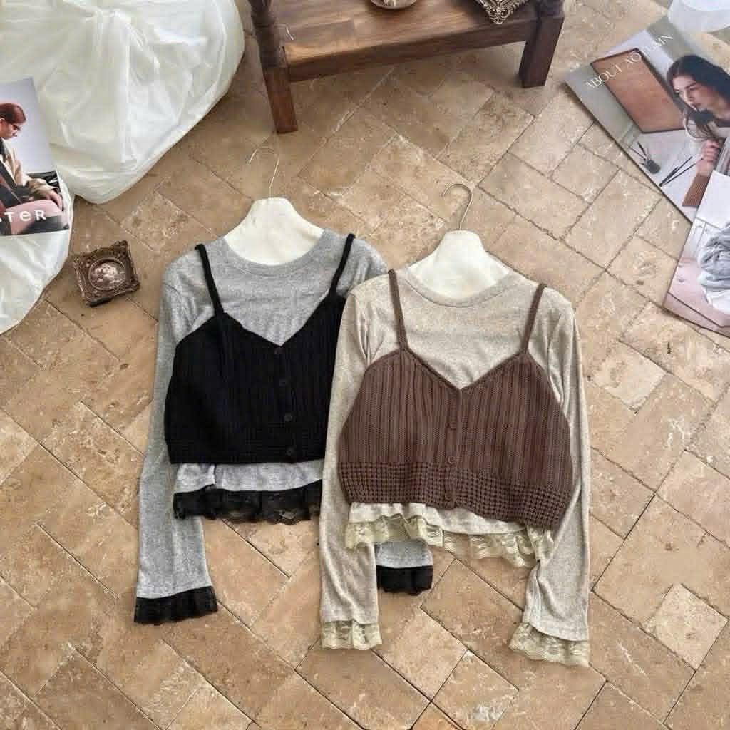  Set áo thun bèo 2 dây len C75 