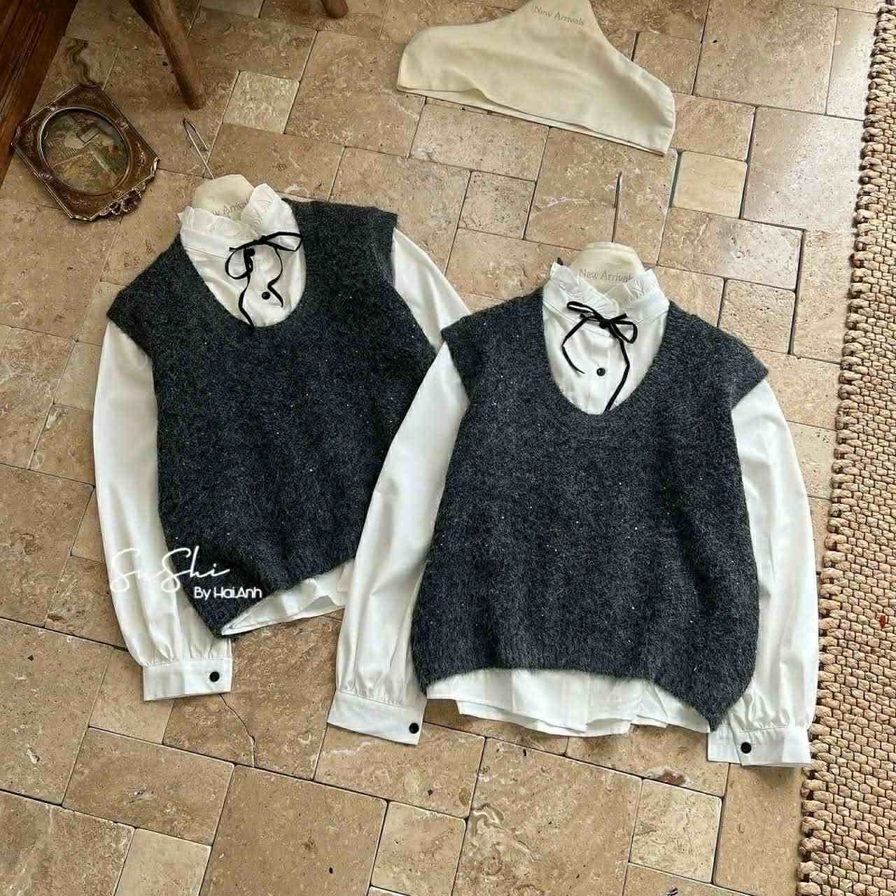  Set sơ mi + gile len ghi C273 