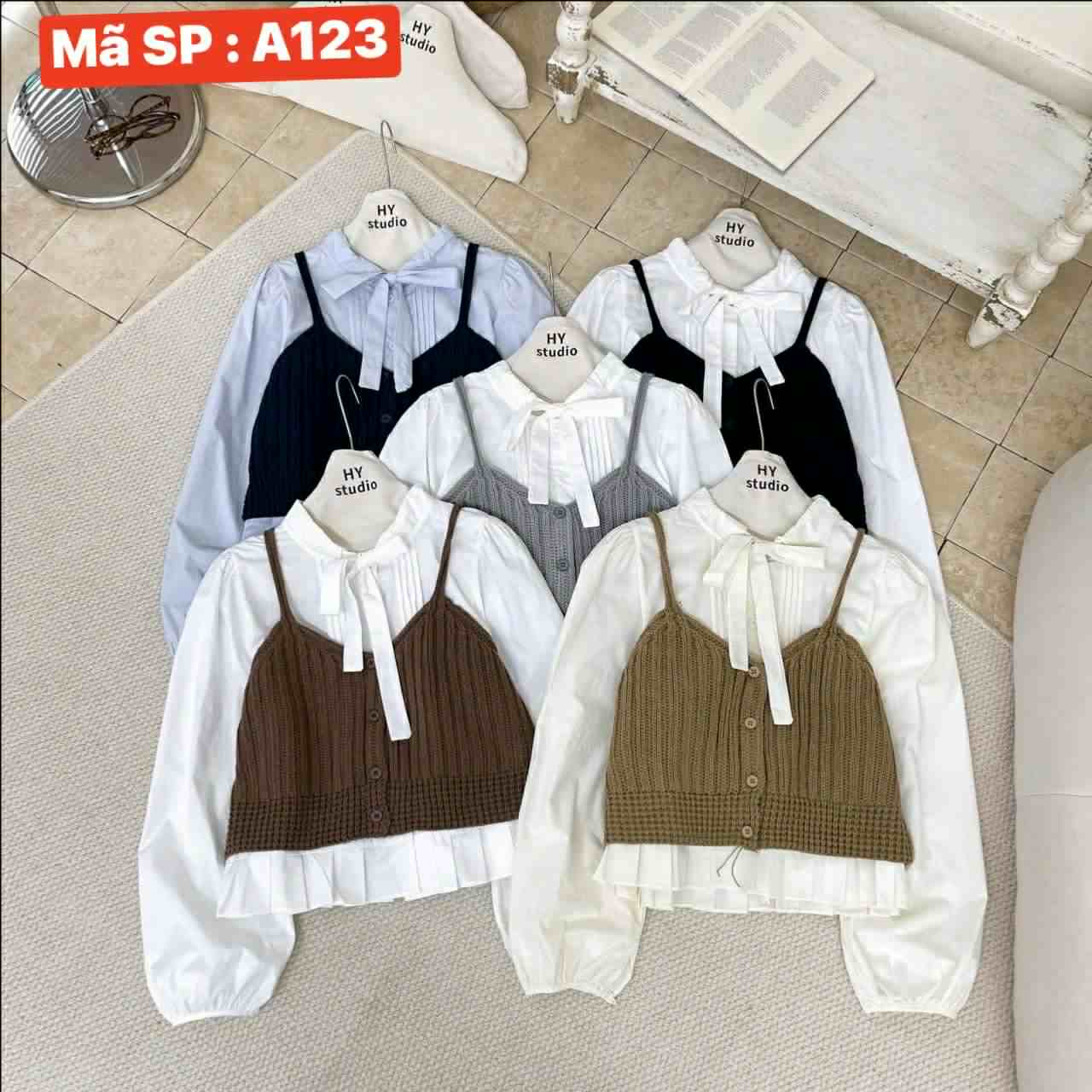  set áo sơ mi cổ nơ mix ghi len A123 