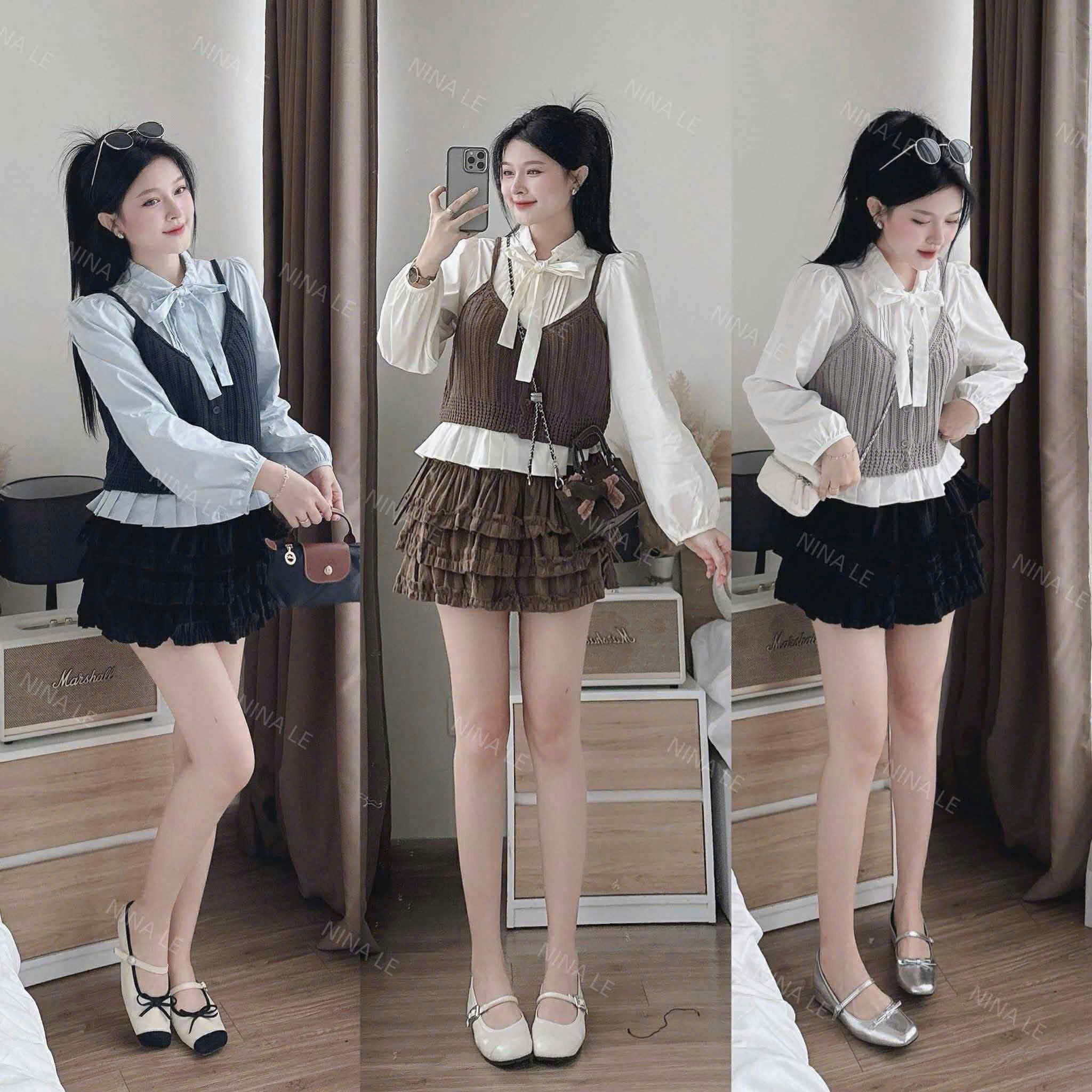  Set sơ mi buộc nơ + gile len A41 