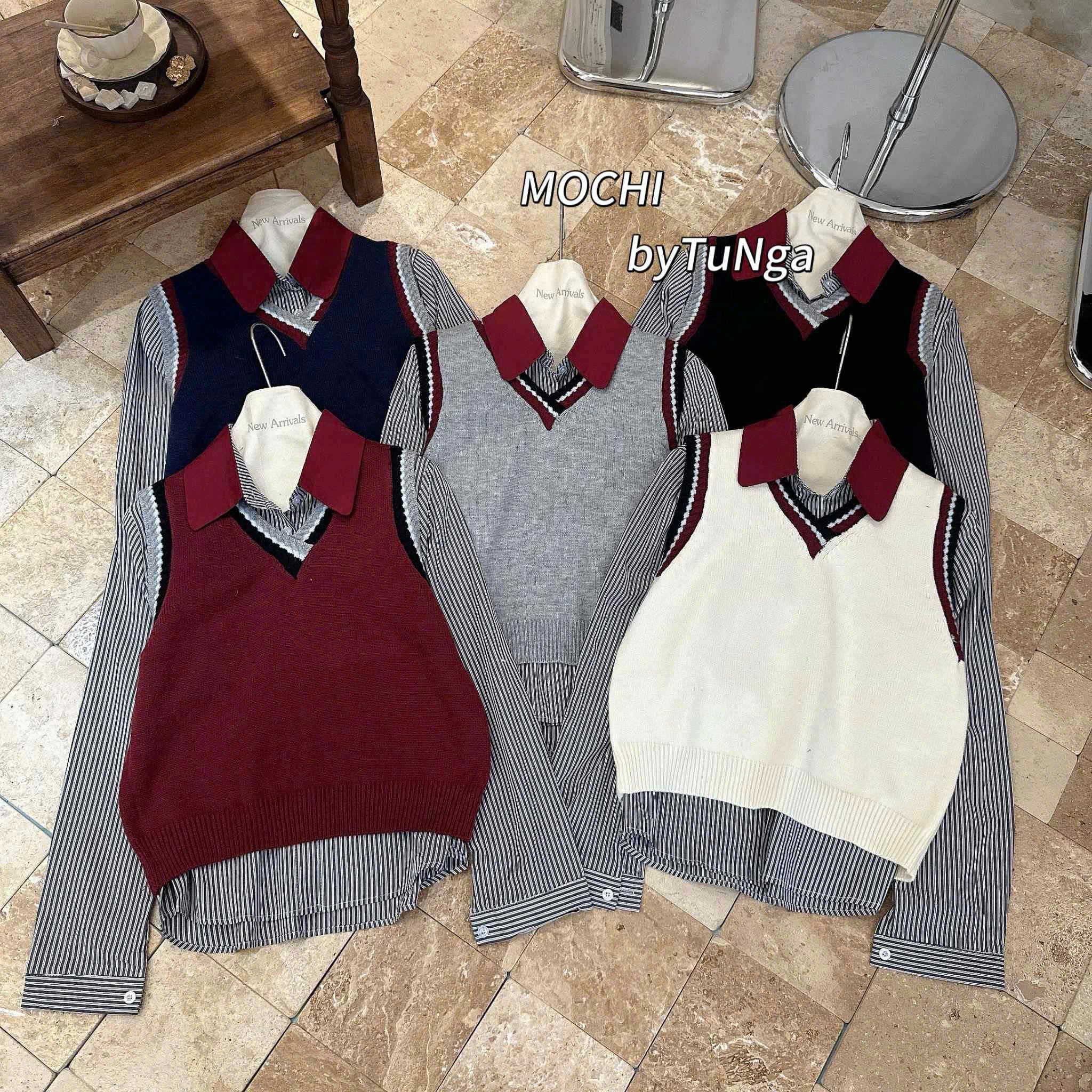  Set sơ mi kẻ + gile len viền A81 