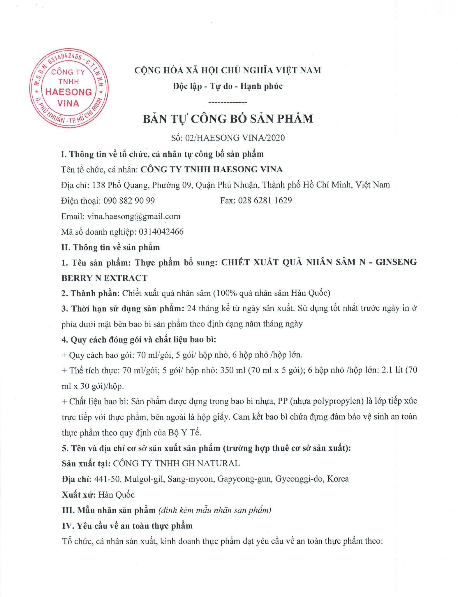  Chiết xuất Quả Sâm Ginseng Berry N Extract Hộp 10 túi 