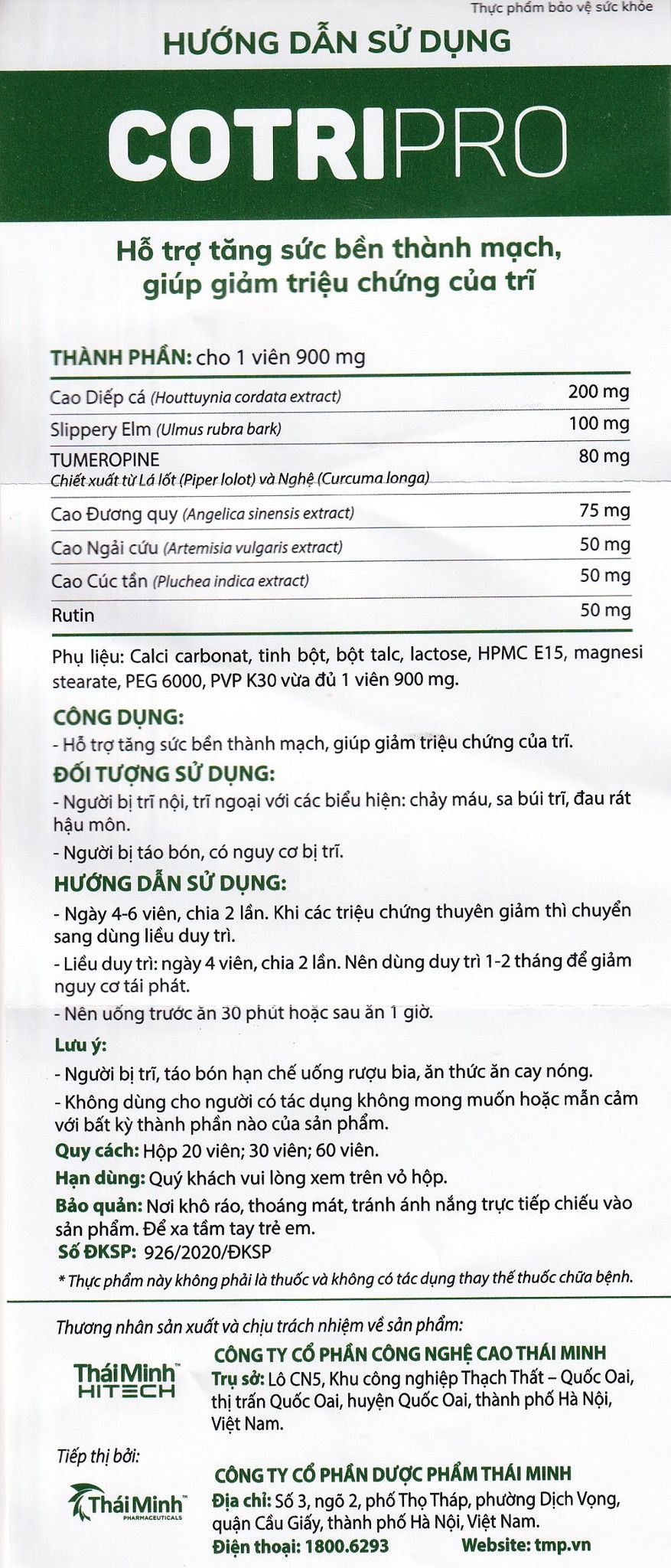  Viên uống Cotripro Thái Minh hỗ trợ tăng sức bền thành mạch, giảm triệu chứng của trĩ (2 vỉ x 10 viên) 