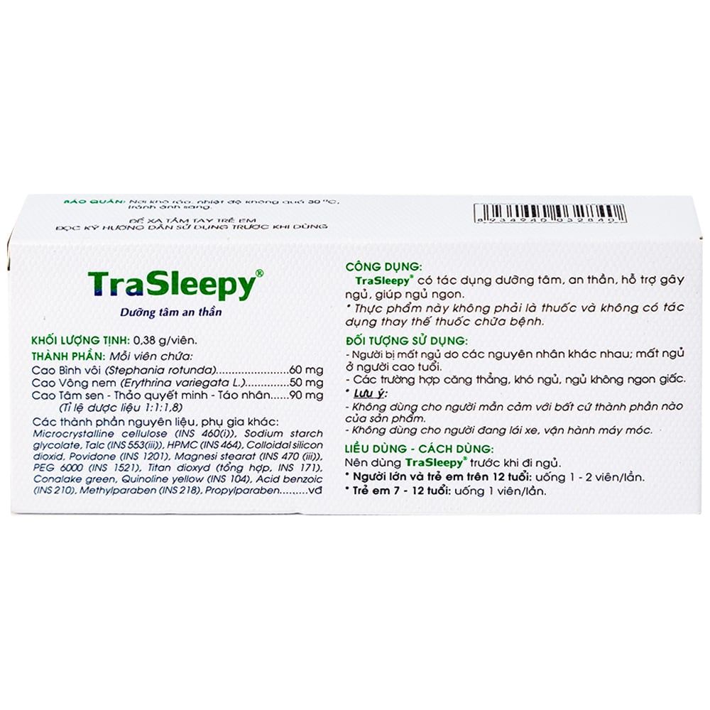  Viên uống TraSleepy Traphaco dưỡng tâm an thần, hỗ trợ gây ngủ, giúp ngủ ngon (2 vỉ x 10 viên) 