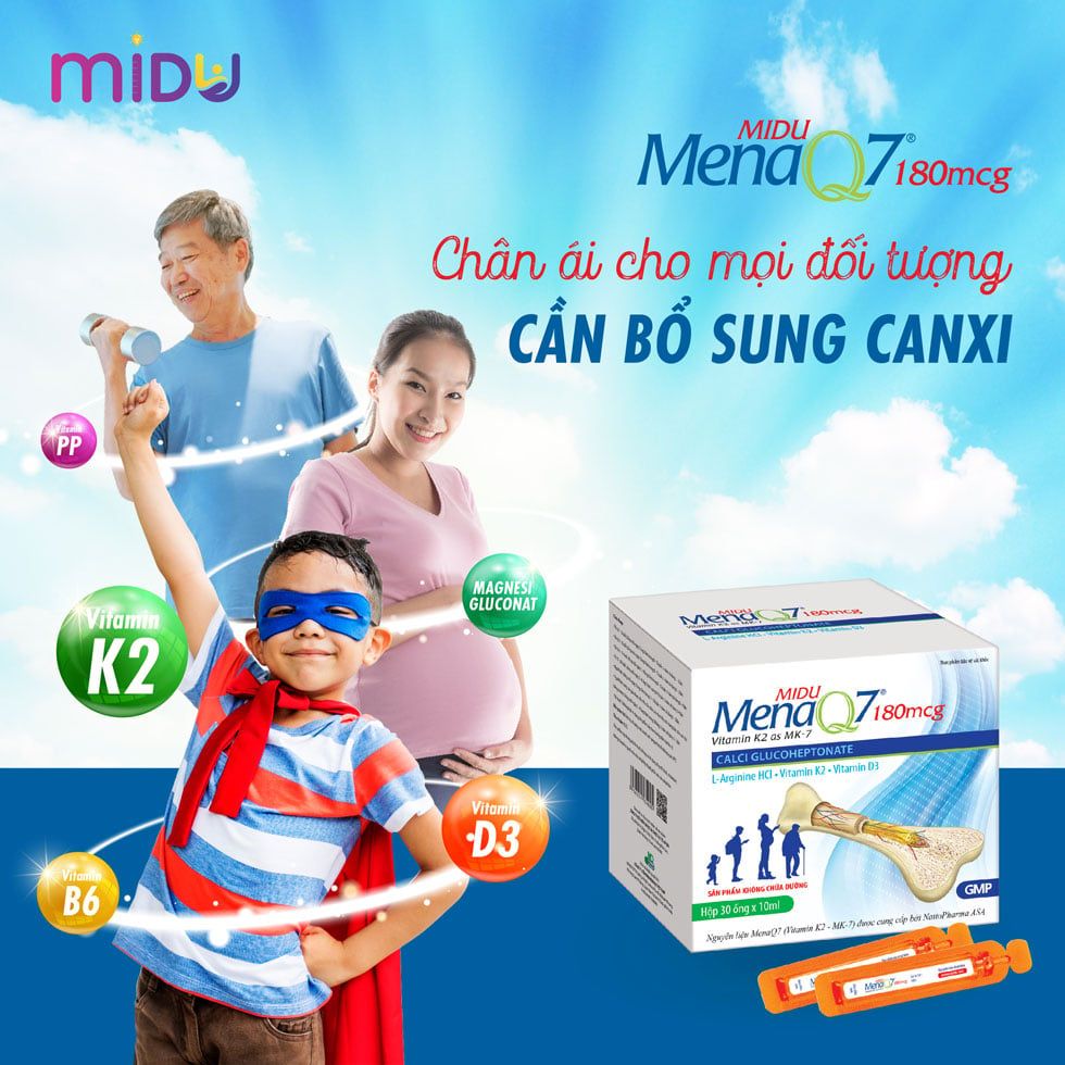  MIDU MENAQ7 180mcg - Giúp Phát Triển Chiều Cao & Bổ Sung Canxi Cho Mọi Lứa Tuổi, Hộp 30 ống 