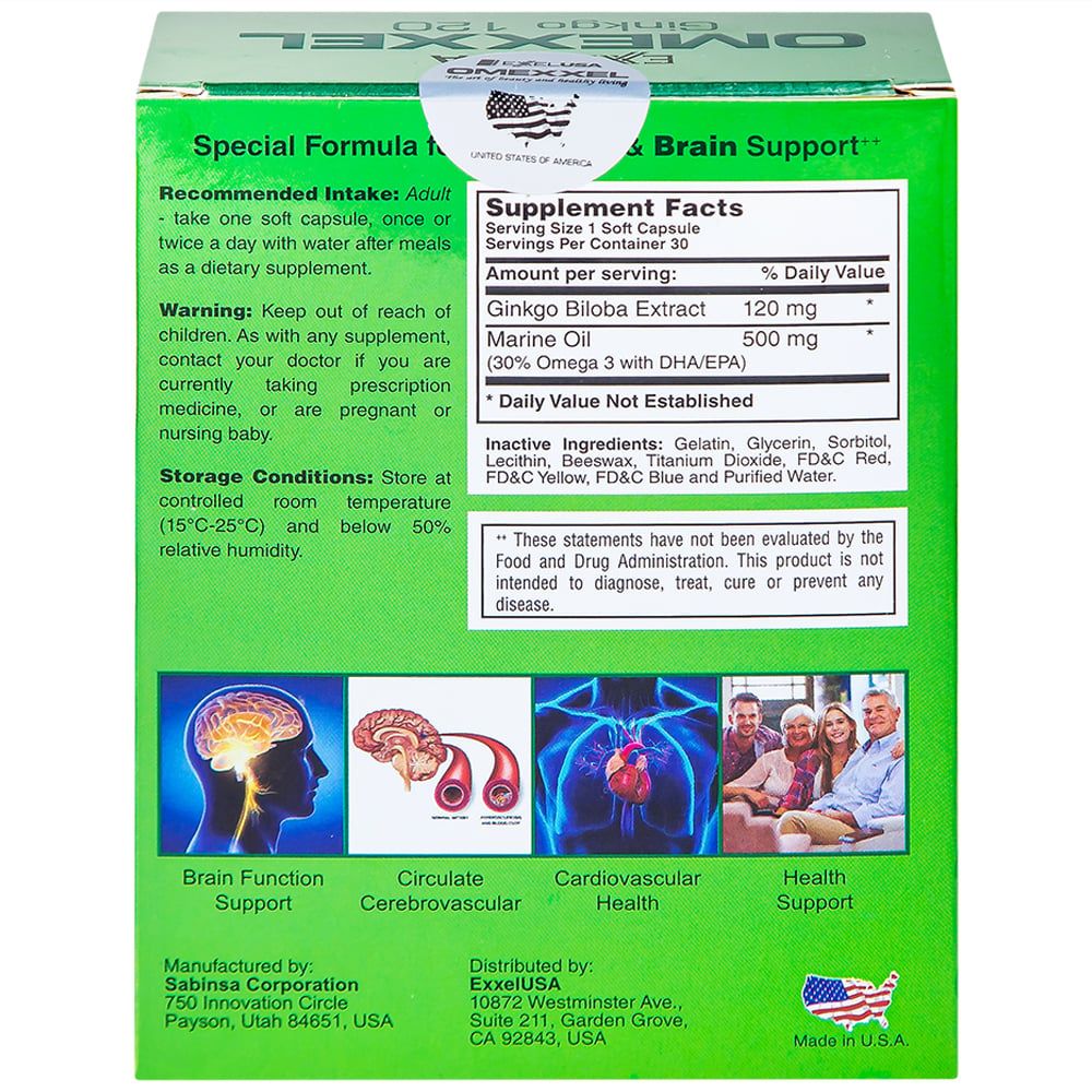  Viên uống Omexxel Ginkgo 120 Excelife hỗ trợ tăng cường tuần hoàn máu não, tốt cho tim mạch (2 vỉ x 15 viên) 