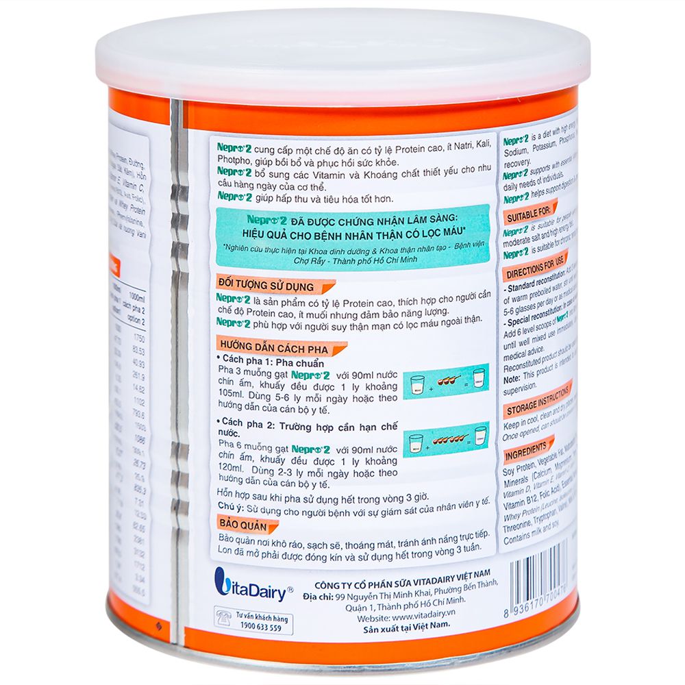  Sữa bột Nepro 2 VitaDairy bổ sung dinh dưỡng giàu protein dành cho người bệnh thận (400g) 