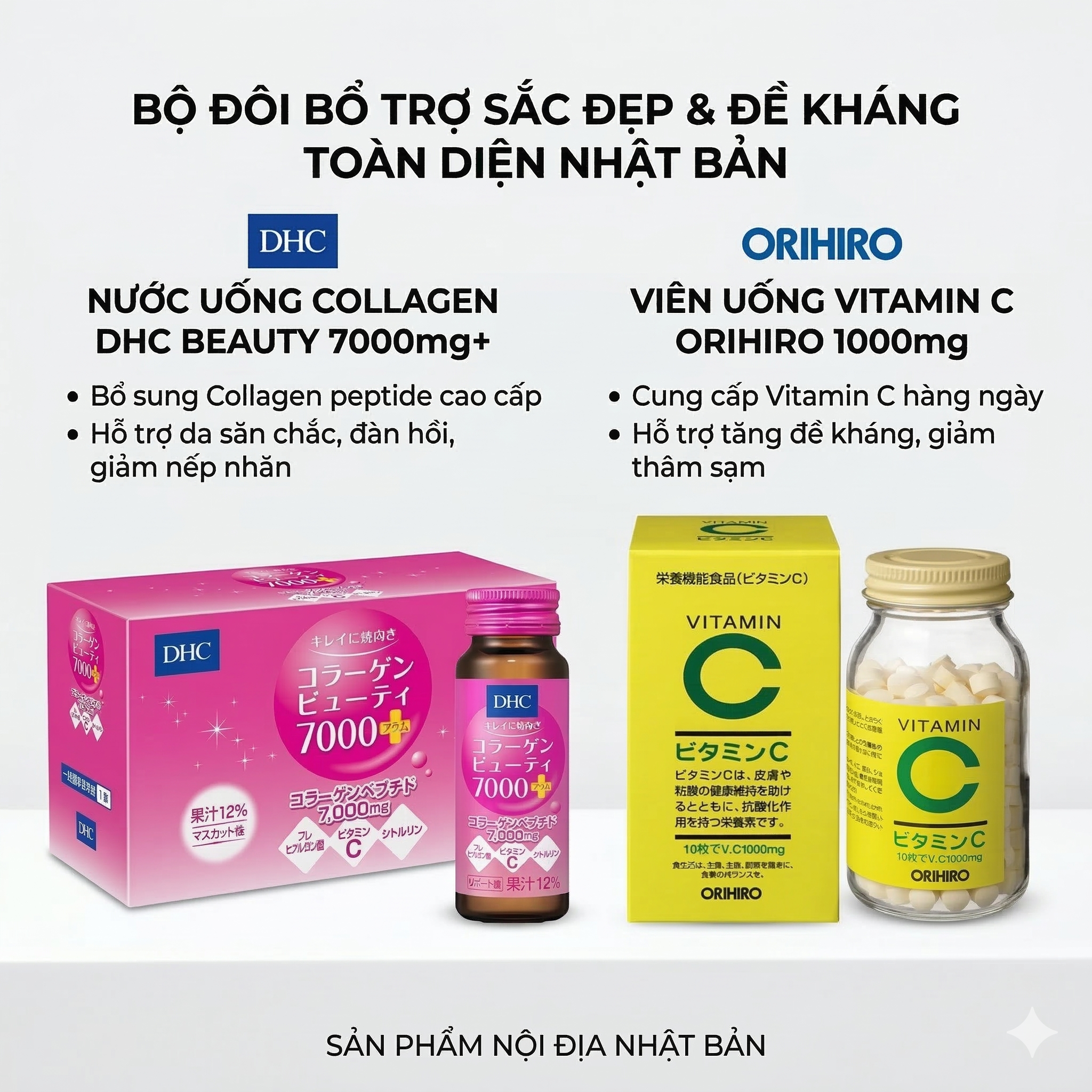 Combo Routine Da Sáng – Collagen DHC 7000mg & Vitamin C Orihiro
