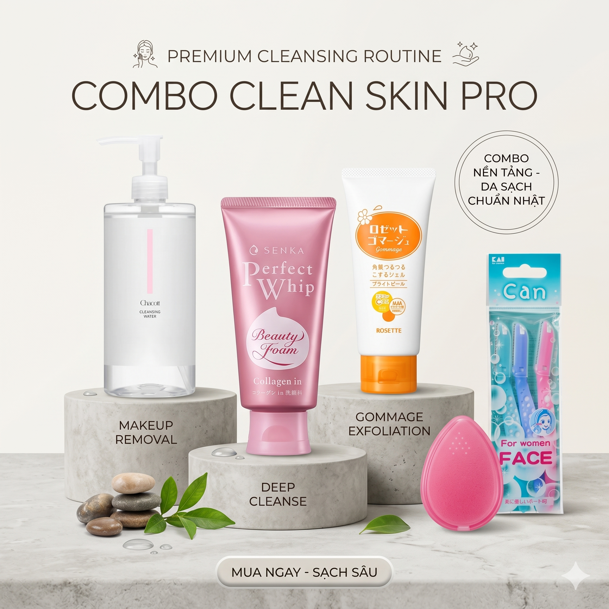 Combo Clean Skin PRO Nhật Bản – Tẩy Trang + Rửa Mặt + Tẩy Da Chết + Dụ ...
