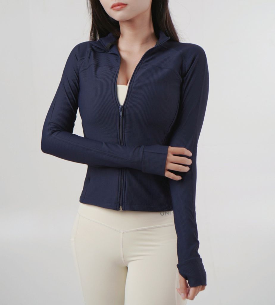 Áo Khoác Thể Thao Nữ UNIQ Vải Thun Gân Dáng Ôm Tay Dài Xỏ Ngón Có Túi