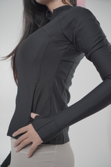 Áo Khoác Thể Thao Nữ UNIQ Vải Thun Gân Dáng Ôm Tay Dài Xỏ Ngón Có Túi