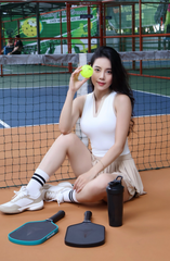 Set Đồ Thể Thao Nữ Tennis Pickleball Áo Cổ V Phối Viền Kèm Chân Váy Quần Xếp Ly
