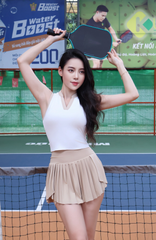 Set Đồ Thể Thao Nữ Tennis Pickleball Áo Cổ V Phối Viền Kèm Chân Váy Quần Xếp Ly