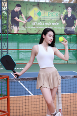 Set Đồ Thể Thao Nữ Tennis Pickleball Áo Cổ V Phối Viền Kèm Chân Váy Quần Xếp Ly