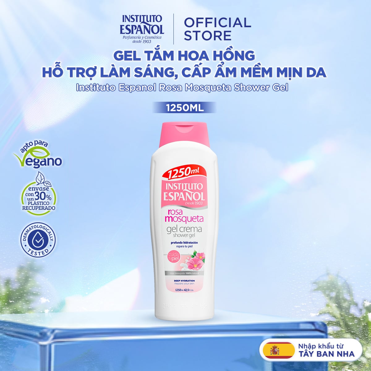  Gel tắm chiết xuất Hoa Hồng hỗ trợ làm sáng, cấp ẩm mềm mịn da Instituto Espanol Rosa Mosqueta Shower Gel 1250ml 