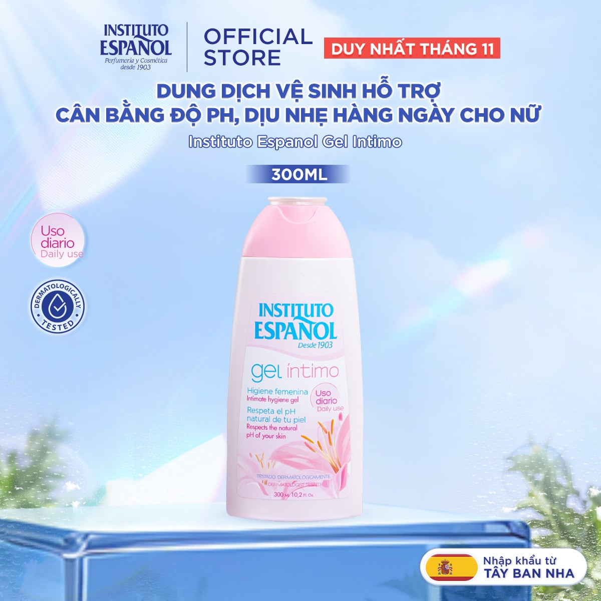  Dung dịch vệ sinh hỗ trợ cân bằng độ pH, dịu nhẹ hàng ngày cho nữ Instituto Espanol Gel Intimo 300ml 