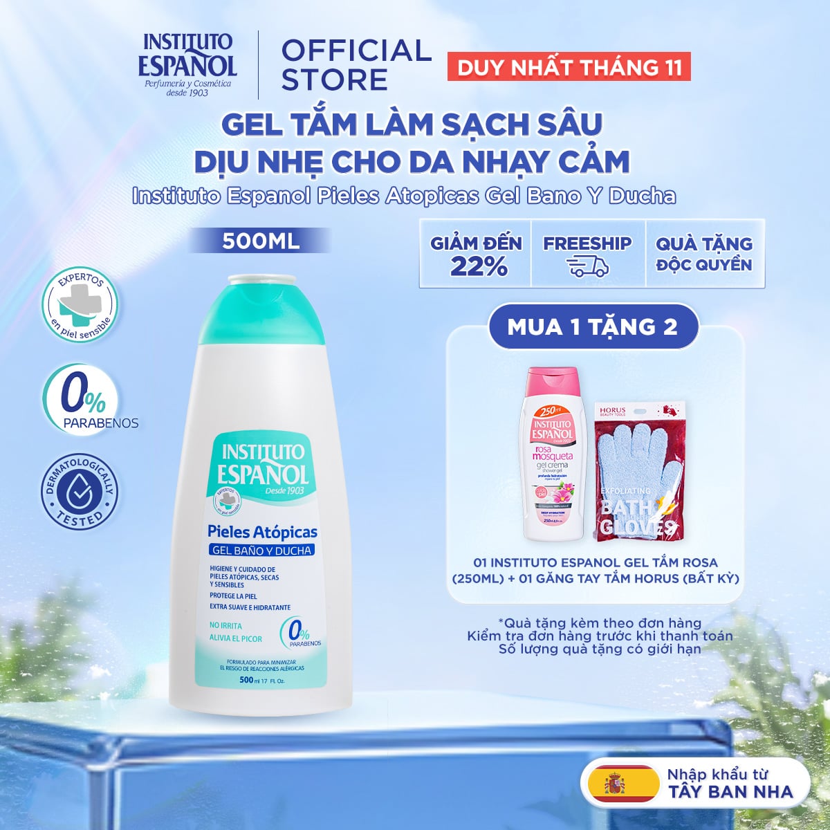  Gel tắm làm sạch sâu dịu nhẹ Instituto Espanol Pieles Atopicas Gel Bano Y Ducha 500ml 