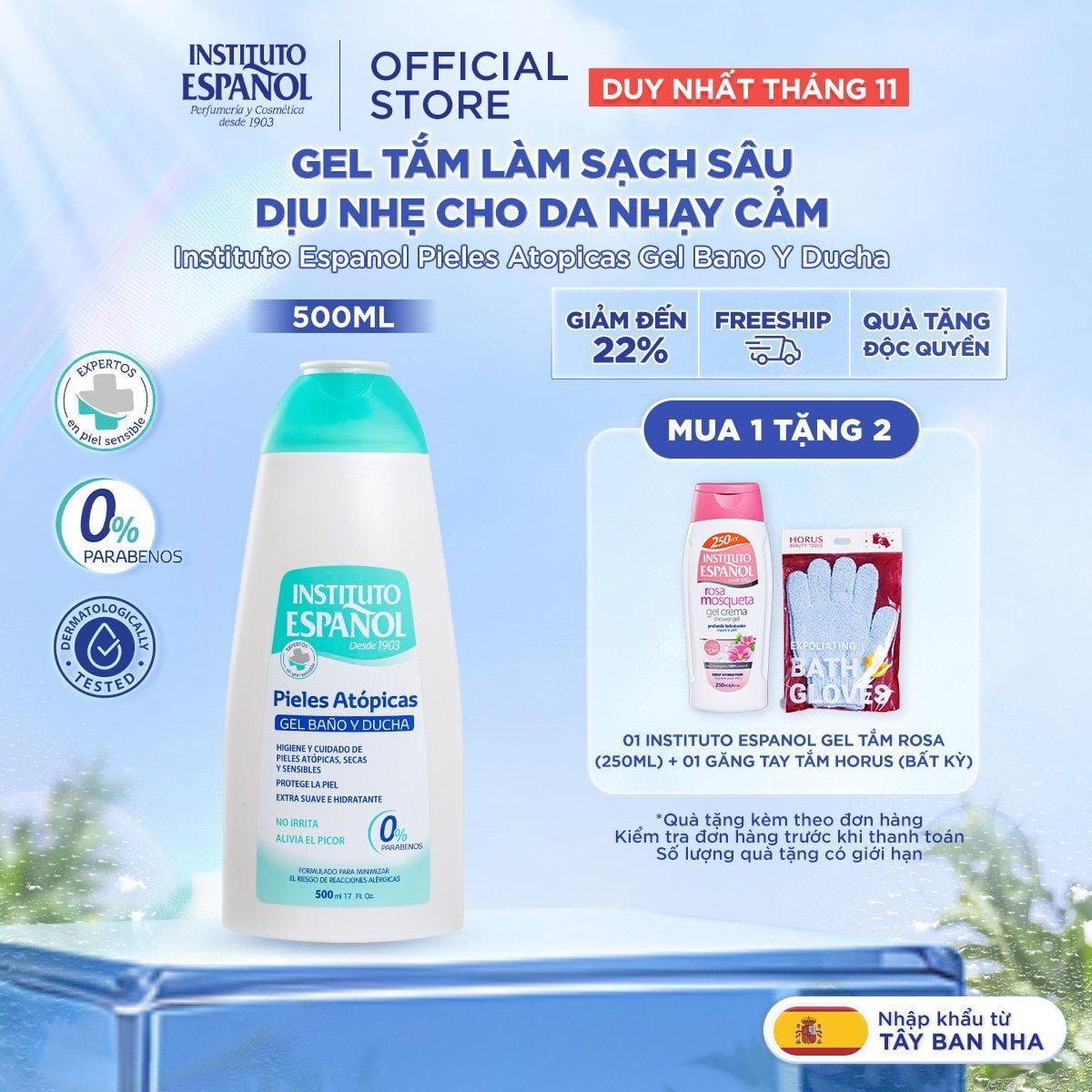  Gel tắm làm sạch sâu dịu nhẹ Instituto Espanol Pieles Atopicas Gel Bano Y Ducha 500ml 