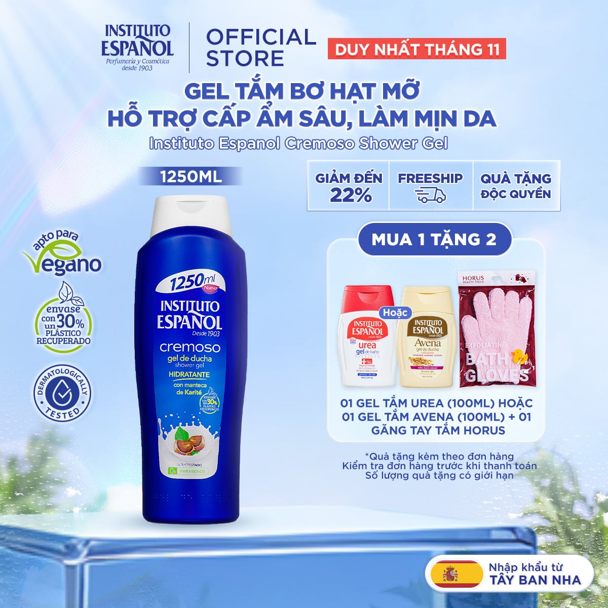  Gel tắm Bơ Hạt Mỡ hỗ trợ cấp ẩm sâu, mềm mịn da Instituto Espanol Cremoso Shower Gel 1250ml 