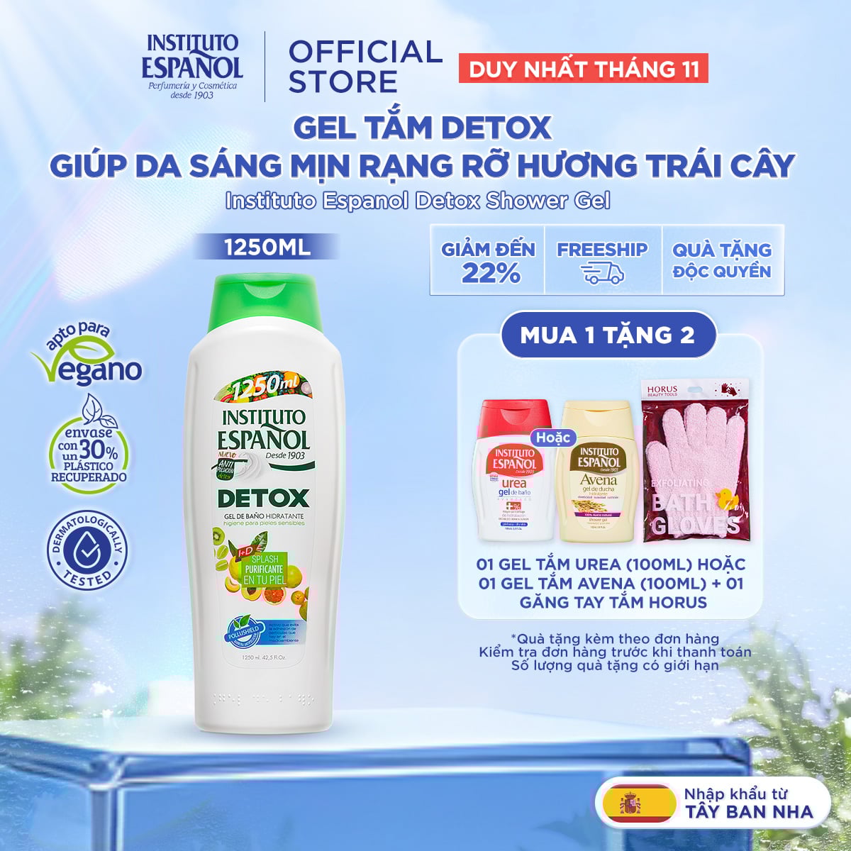  Gel tắm hỗ trợ detox, hỗ trợ da sáng mịn rạng rỡ hương trái cây Instituto Espanol Detox Shower Gel 1250ml 