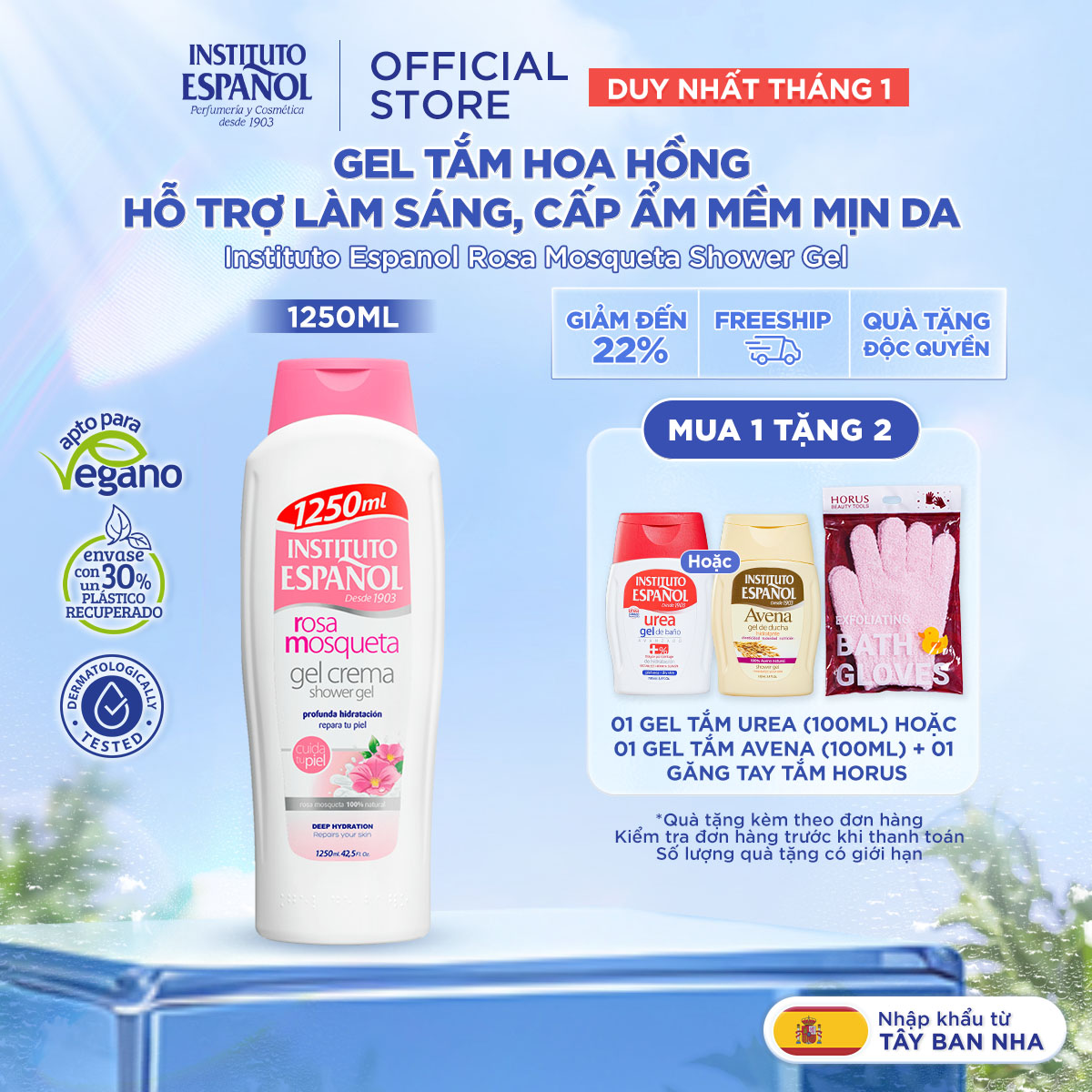  Gel tắm chiết xuất Hoa Hồng hỗ trợ làm sáng, cấp ẩm mềm mịn da Instituto Espanol Rosa Mosqueta Shower Gel 1250ml 