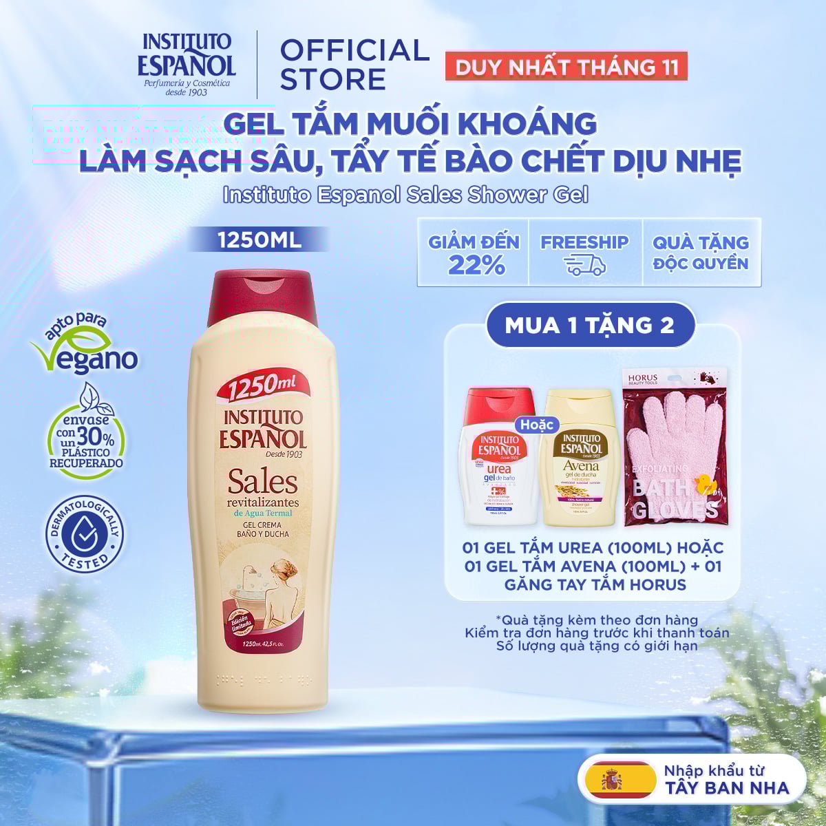  Gel tắm Muối Khoáng làm sạch sâu, tẩy tế bào chết dịu nhẹ Instituto Espanol Sales Shower Gel 1250ml 