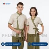  Đồng Phục Nhà Hàng Thái Be Vạt Chéo Phối Viền Thổ Cẩm Xanh Rêu 