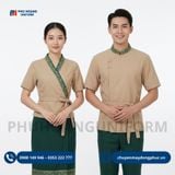  Đồng Phục Nhà Hàng Thái Be Vạt Chéo Phối Viền Thổ Cẩm Xanh Rêu 