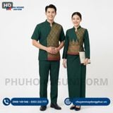 Đồng Phục Nhà Hàng Thái Xanh Rêu Đậm Phối Gấm Họa Tiết Lửa Thái 