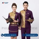  Đồng Phục Nhà Hàng Thái 2 Tông Tím Và Đỏ Đô Phối Viền Vàng 